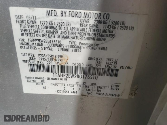 2011 Ford Taurus SEL z VIN 1FAHP2EW2BG176510, wystawiony jako Copart lot #51081085 z przebiegiem 261 031 mil mil oraz Szkoda całkowita • Salvage title. Historia ofert i sprzedaży dostępna na DreamBid. Obrazek 12.