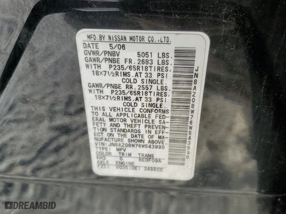 2006 Nissan Murano S with VIN JN8AZ08W76W543990, listed as a Copart auction lot 86319594 with 177,164 mi miles and Salvage Title. Bid and sale history available at carsss.com. Image 13.