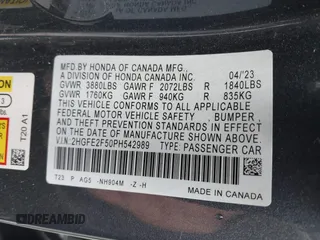 2023 Honda Civic Sport with VIN 2HGFE2F50PH542989, listed as a IAAI auction lot 42184805 with Not provided miles and . Bid and sale history available at DreamBid. Image 9.