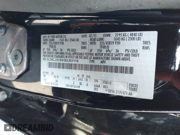 2016 Lincoln MKC Reserve with VIN 5LMCJ3C9XGUJ03119, listed as a IAAI auction lot 42078684 with 93,711 mi miles and . Bid and sale history available at DreamBid. Image 9.