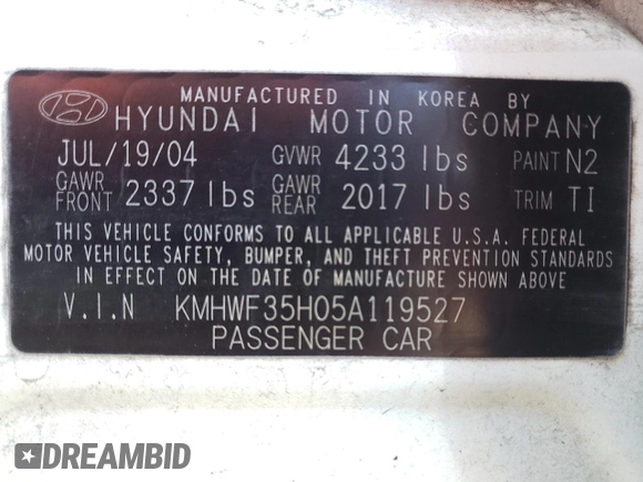 2005 Hyundai Sonata GLS with VIN KMHWF35H05A119527, listed as a Copart auction lot 88495365 with 187,384 mi miles and Non Repairable. Bid and sale history available at carsss.com. Image 12.