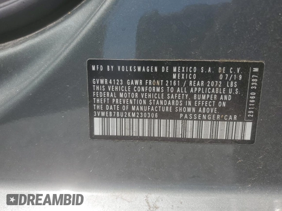 2019 Volkswagen Jetta SEL z VIN 3VWEB7BU2KM230306, wystawiony jako Copart lot #57218155 z przebiegiem 73 202 mil mil oraz Szkoda całkowita • Salvage title. Historia ofert i sprzedaży dostępna na DreamBid. Obrazek 12.