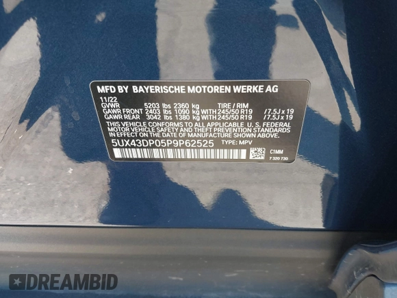2023 BMW X3 sDrive30i with VIN 5UX43DP05P9P62525, listed as a IAAI auction lot 41377611 with 31,500 mi miles and . Bid and sale history available at DreamBid. Image 9.