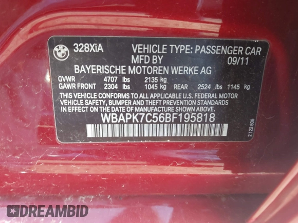 2011 BMW 3 Series 328i xDrive with VIN WBAPK7C56BF195818, listed as a IAAI auction lot 41946092 with 167,848 mi miles. Bid and sale history available at carsss.com. Image 9.