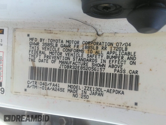 2005 Toyota Corolla CE с VIN JTDBR32E852056157, выставлен на аукционе IAAI как лот 42522418 с пробегом 234 719 миль миль и . История ставок и продаж доступна на DreamBid. Изображение 9.