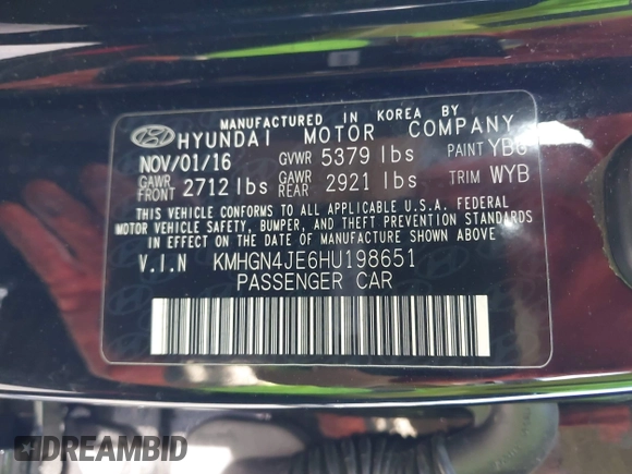 2017 Genesis G80 3.8L z VIN KMHGN4JE6HU198651, wystawiony jako IAAI lot #41970311 z przebiegiem 38 292 mil mil oraz . Historia ofert i sprzedaży dostępna na DreamBid. Obrazek 9.