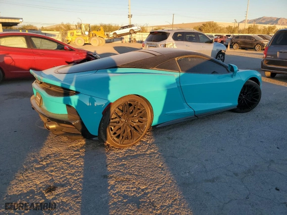 2023 McLaren GT with VIN SBM22GCA0PW002765, listed as a Copart auction lot 78866364 with 0 mi miles and Salvage Title. Bid and sale history available at carsss.com. Image 3.