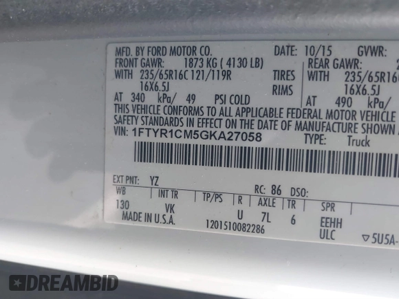 2016 Ford Transit Cargo with VIN 1FTYR1CM5GKA27058, listed as a IAAI auction lot 41753527 with 112,824 mi miles and . Bid and sale history available at DreamBid. Image 9.