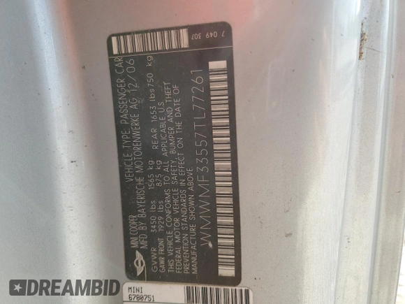 2007 MINI Hardtop z VIN WMWMF33557TL77261, wystawiony jako Copart lot #52651125 z przebiegiem 129 752 mil mil oraz Szkoda całkowita • Salvage title. Historia ofert i sprzedaży dostępna na DreamBid. Obrazek 12.