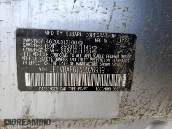 2022 Subaru WRX Premium with VIN JF1VBAF61N9026939, listed as a Copart auction lot 63619625 with 20,858 mi miles and Salvage title. Bid and sale history available at DreamBid. Image 13.