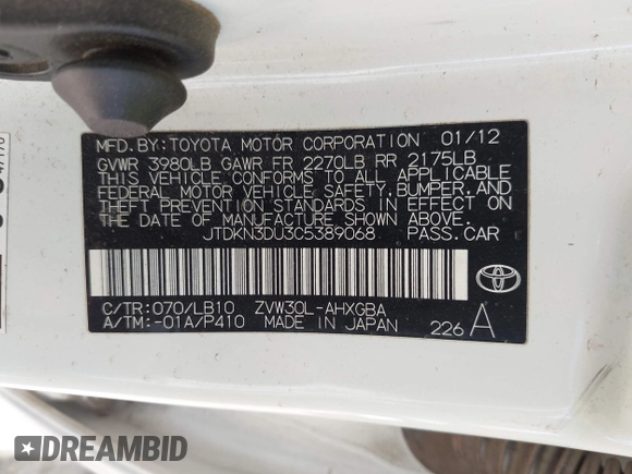 2012 Toyota Prius One with VIN JTDKN3DU3C5389068, listed as a IAAI auction lot 42145457 with 182,469 mi miles and . Bid and sale history available at DreamBid. Image 9.
