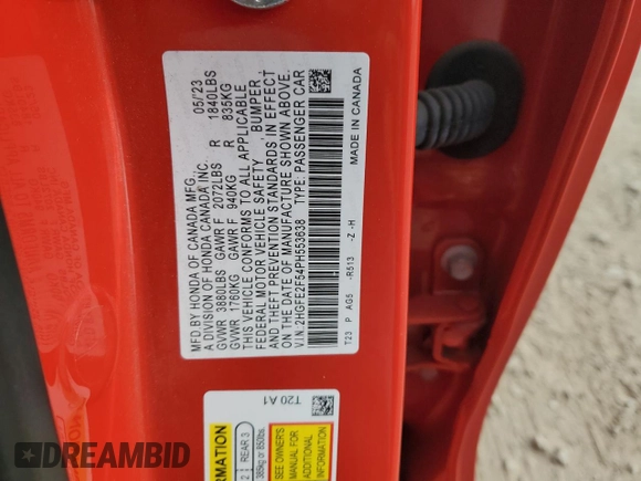 2023 Honda Civic Sport z VIN 2HGFE2F54PH553638, wystawiony jako Copart lot #55872565 z przebiegiem 37 947 mil mil oraz Szkoda całkowita • Salvage title. Historia ofert i sprzedaży dostępna na DreamBid. Obrazek 12.