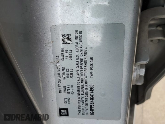 2012 Buick Verano with VIN 1G4PP5SK4C4174930, listed as a Copart auction lot 58127815 with Not provided miles and Salvage title. Bid and sale history available at DreamBid. Image 13.