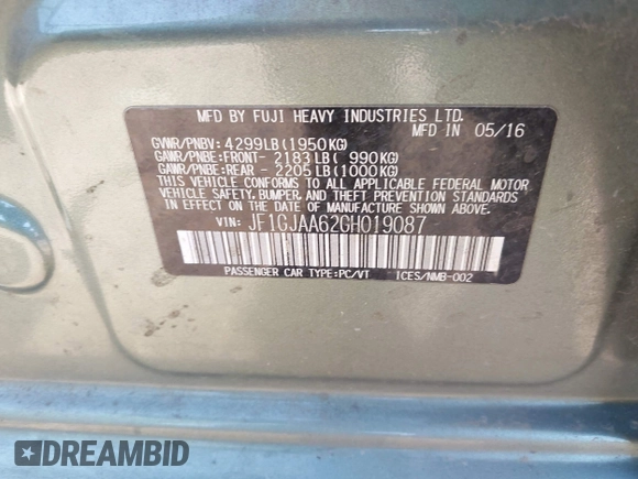 2016 Subaru Impreza z VIN JF1GJAA62GH019087, wystawiony jako IAAI lot #41987344 z przebiegiem 81 782 mil mil oraz . Historia ofert i sprzedaży dostępna na DreamBid. Obrazek 9.