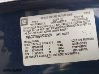 2003 Chevrolet S-10 with VIN 1GCCS19H938235539, listed as a IAAI auction lot 41619672 with 223,699 mi miles. Bid and sale history available at carsss.com. Image 9.