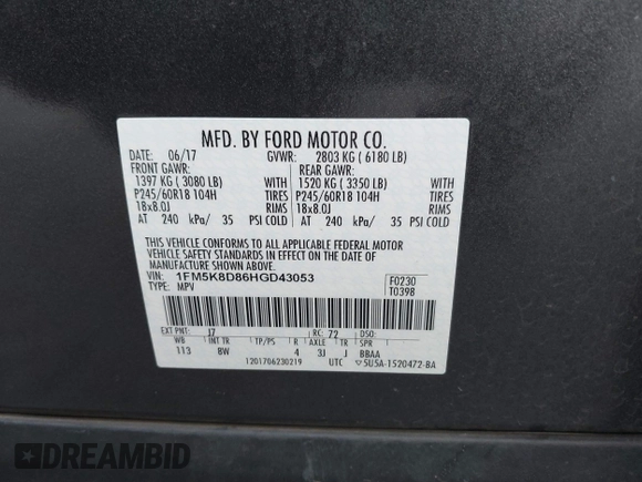 2017 Ford Explorer XLT with VIN 1FM5K8D86HGD43053, listed as a IAAI auction lot 41637631 with 72,449 mi miles and . Bid and sale history available at carsss.com. Image 9.