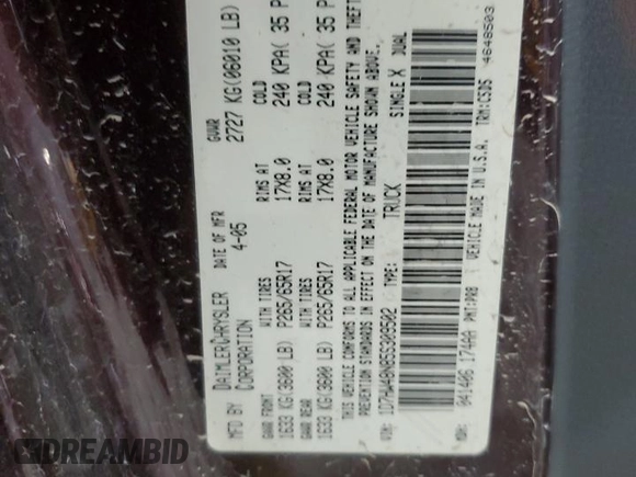 2005 Dodge Dakota SLT z VIN 1D7HW48N85S309502, wystawiony jako Copart lot #44729525 z przebiegiem 126 375 mil mil oraz Szkoda całkowita • Salvage title. Historia ofert i sprzedaży dostępna na DreamBid. Obrazek 12.