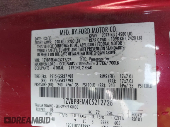2012 Ford Mustang V6 with VIN 1ZVBP8EM4C5212726, listed as a IAAI auction lot 41509724 with 206,244 mi miles and . Bid and sale history available at carsss.com. Image 9.