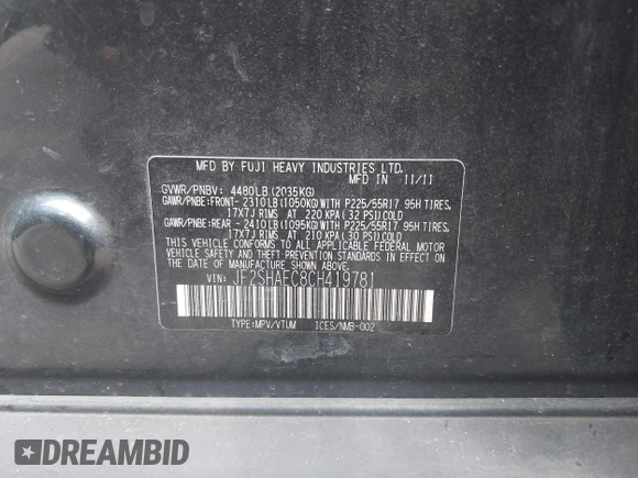 2012 Subaru Forester X Limited with VIN JF2SHAEC8CH419781, listed as a IAAI auction lot 42277467 with 196,046 mi miles and . Bid and sale history available at DreamBid. Image 9.