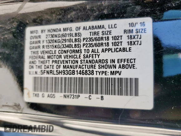 2016 Honda Odyssey Touring Elite with VIN 5FNRL5H93GB146838, listed as a Copart auction lot 54314345 with 171,479 mi miles and Salvage Title. Bid and sale history available at carsss.com. Image 14.