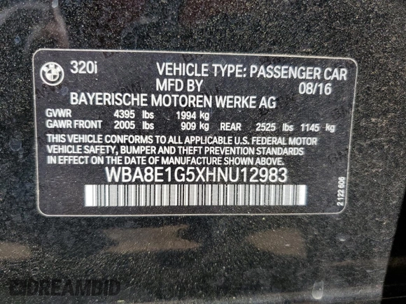 2017 BMW 3 Series 320i with VIN WBA8E1G5XHNU12983, listed as a Copart auction lot 50874454 with 68,434 mi miles and Salvage Title. Bid and sale history available at carsss.com. Image 14.