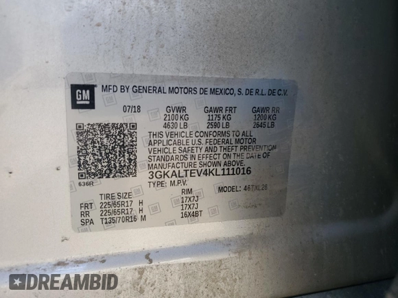 2019 GMC Terrain SLE with VIN 3GKALTEV4KL111016, listed as a Copart auction lot 62957055 with 95,257 mi miles and Clean title. Bid and sale history available at DreamBid. Image 13.