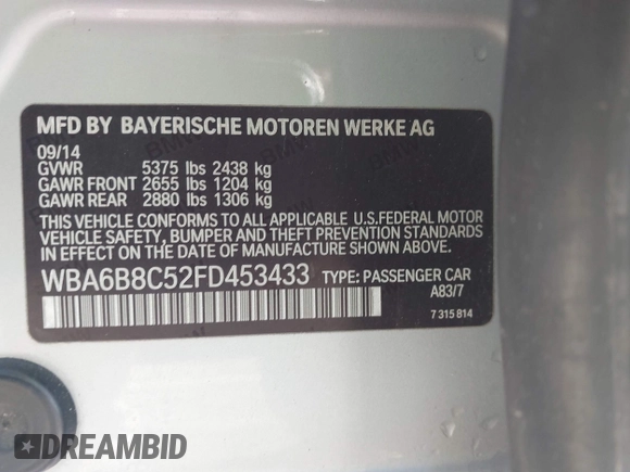 2015 BMW 6 Series 640i xDrive with VIN WBA6B8C52FD453433, listed as a IAAI auction lot 41805317 with 138,685 mi miles and . Bid and sale history available at carsss.com. Image 9.