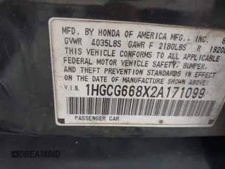 2002 Honda Accord SE z VIN 1HGCG668X2A171099, wystawiony jako IAAI lot #42081358 z przebiegiem 215 915 mil mil oraz . Historia ofert i sprzedaży dostępna na DreamBid. Obrazek 9.