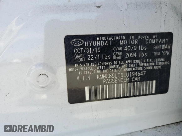 2020 Hyundai Ioniq SEL с VIN KMHC85LC6LU194647, выставлен на аукционе Copart как лот 87038704 с пробегом 76 655 миль миль и Списание • Salvage title. История ставок и продаж доступна на DreamBid. Изображение 12.
