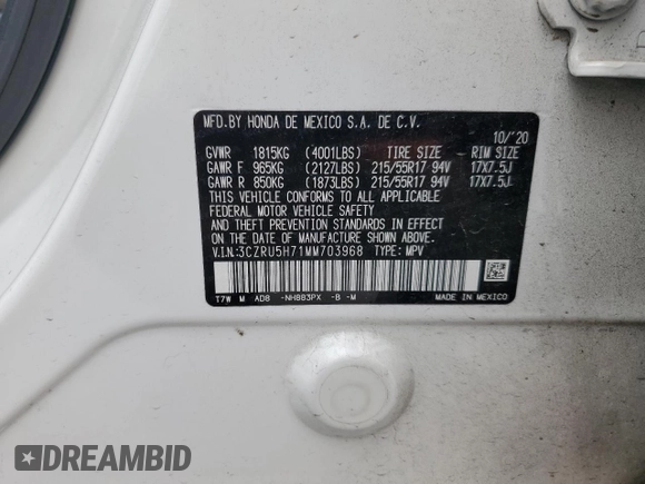 2021 Honda HR-V EX-L with VIN 3CZRU5H71MM703968, listed as a Copart auction lot 51470385 with 109,282 mi miles and Salvage Title. Bid and sale history available at carsss.com. Image 15.