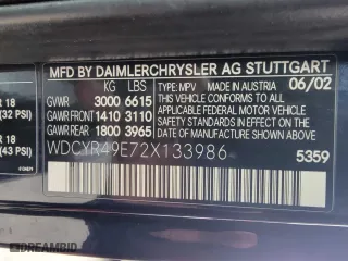 2002 Mercedes-Benz G-Class with VIN WDCYR49E72X133986, listed as a Copart auction lot 54624435 with 138,597 mi miles and Salvage Title. Bid and sale history available at carsss.com. Image 10.
