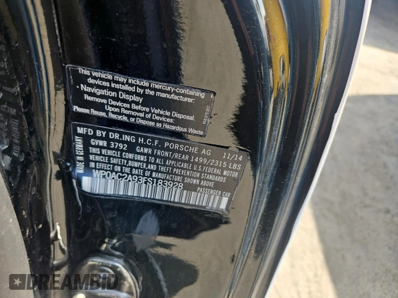 2015 Porsche 911 GT3 with VIN WP0AC2A93FS183928, listed as a Copart auction lot 76354964 with 12,150 mi miles and Salvage Title. Bid and sale history available at DreamBid. Image 10.