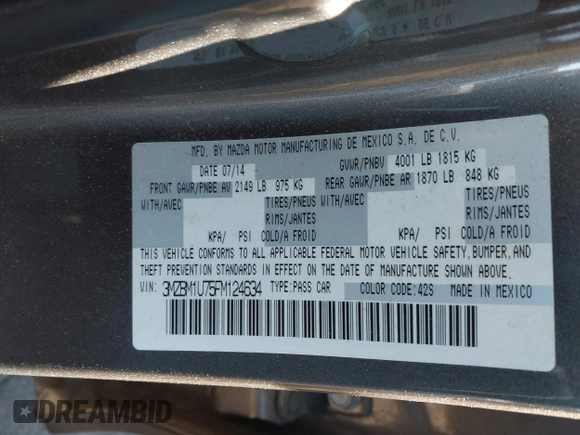 2015 Mazda 3 i Sport with VIN 3MZBM1U75FM124634, listed as a IAAI auction lot 41734761 with 111,597 mi miles and . Bid and sale history available at carsss.com. Image 9.