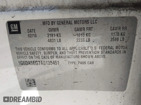 2010 Cadillac CTS with VIN 1G6DA5EG7A0135451, listed as a IAAI auction lot 41964313 with 136,172 mi miles and . Bid and sale history available at DreamBid. Image 9.