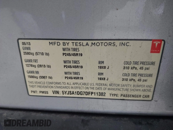 2013 Tesla Model S with VIN 5YJSA1DG7DFP11382, listed as a IAAI auction lot 42056169 with 126,975 mi miles. Bid and sale history available at carsss.com. Image 9.