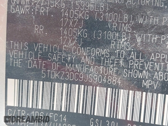 2018 Toyota Sienna LE Auto Access Seat with VIN 5TDKZ3DC9JS904884, listed as a IAAI auction lot 42132992 with 157,974 mi miles and . Bid and sale history available at DreamBid. Image 9.