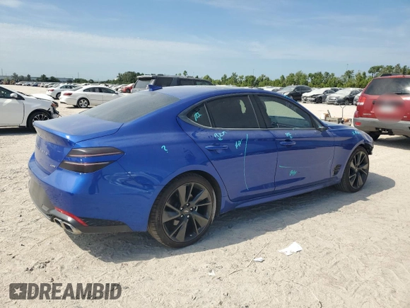 2023 Genesis G70 2.0T with VIN KMTG34TA9PU112334, listed as a Copart auction lot 67105774 with 8,369 mi miles and Salvage Title. Bid and sale history available at carsss.com. Image 3.
