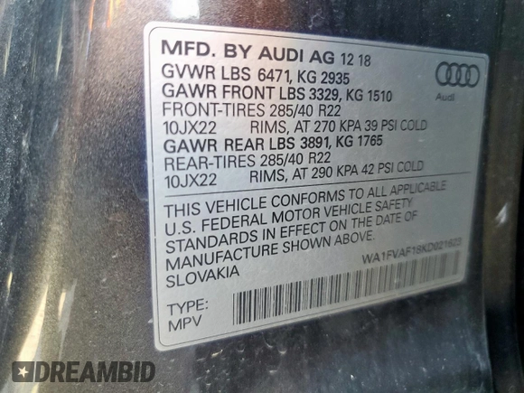 2019 Audi Q8 Prestige z VIN WA1FVAF18KD021623, wystawiony jako Copart lot #55755045 z przebiegiem 73 924 mil mil oraz Szkoda całkowita • Salvage title. Historia ofert i sprzedaży dostępna na DreamBid. Obrazek 14.
