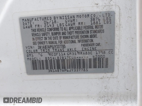 2018 Nissan Sentra S with VIN 3N1AB7AP6JY337785, listed as a IAAI auction lot 42025755 with 126,546 mi miles and . Bid and sale history available at DreamBid. Image 9.