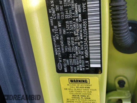 2018 Hyundai Kona Ultimate with VIN KM8K53A54JU094881, listed as a Copart auction lot 46808235 with 64,149 mi miles and Salvage Title. Bid and sale history available at carsss.com. Image 15.