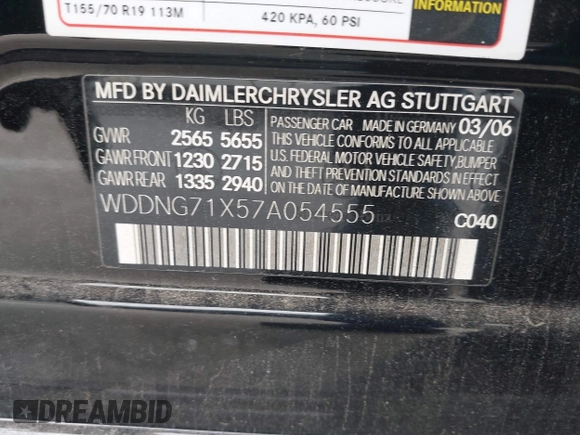2007 Mercedes-Benz S 550 with VIN WDDNG71X57A054555, listed as a IAAI auction lot 42061165 with 127,885 mi miles and . Bid and sale history available at DreamBid. Image 9.