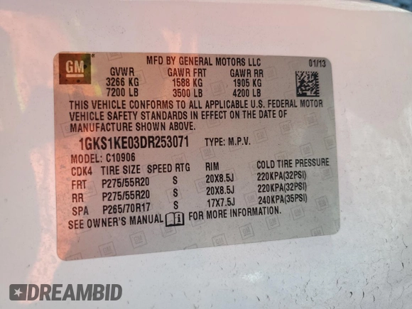 2013 GMC Yukon XL SLT with VIN 1GKS1KE03DR253071, listed as a Copart auction lot 51437355 with 194,807 mi miles and Salvage Title. Bid and sale history available at DreamBid. Image 16.