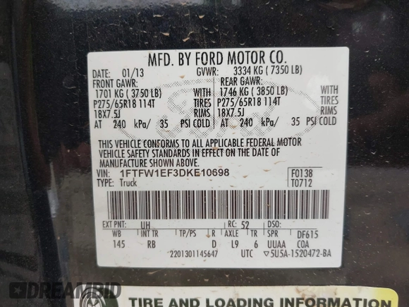 2013 Ford F-150 XL with VIN 1FTFW1EF3DKE10698, listed as a IAAI auction lot 41959484 with 158,287 mi miles. Bid and sale history available at carsss.com. Image 9.