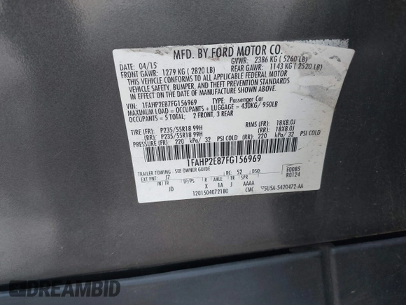 2015 Ford Taurus SEL with VIN 1FAHP2E87FG156969, listed as a IAAI auction lot 42506157 with 99,184 mi miles and . Bid and sale history available at DreamBid. Image 9.