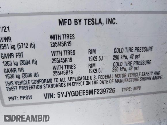 2021 Tesla Model Y Long Range with VIN 5YJYGDEE9MF239726, listed as a IAAI auction lot 41952158 with 37,088 mi miles and . Bid and sale history available at DreamBid. Image 9.