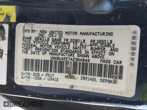 2010 Toyota Corolla with VIN 1NXBU4EE7AZ364849, listed as a IAAI auction lot 41981599 with 87,688 mi miles and . Bid and sale history available at DreamBid. Image 9.