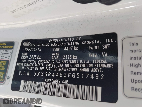 2015 Kia Optima SXL Turbo with VIN 5XXGR4A63FG517492, listed as a IAAI auction lot 42022042 with 162,400 mi miles and . Bid and sale history available at DreamBid. Image 9.