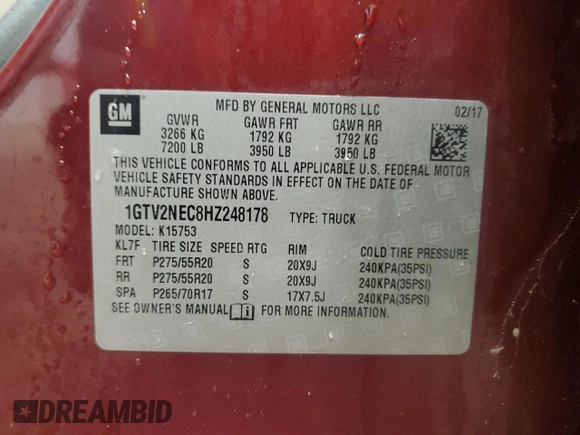 2017 GMC Sierra 1500 SLT z VIN 1GTV2NEC8HZ248178, wystawiony jako Copart lot #48468555 z przebiegiem 135 207 mil mil oraz Szkody całkowita. Historia ofert i sprzedaży dostępna na DreamBid. Obrazek 12.
