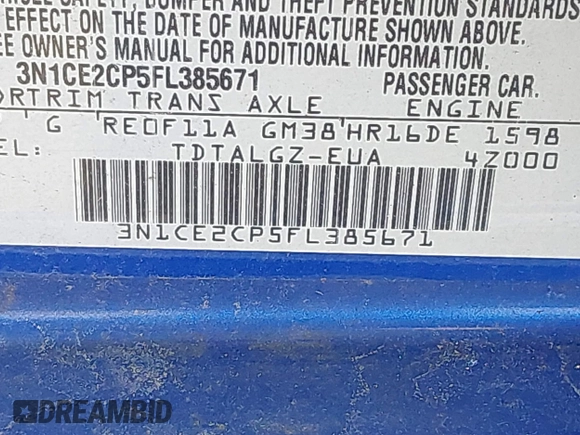 2015 Nissan Note SV with VIN 3N1CE2CP5FL385671, listed as a IAAI auction lot 41808732 with 99,218 mi miles and . Bid and sale history available at DreamBid. Image 9.