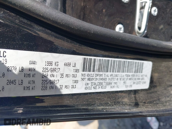 2020 Jeep Compass Latitude with VIN 3C4NJCBBXLT166004, listed as a IAAI auction lot 42025390 with 106,271 mi miles and . Bid and sale history available at carsss.com. Image 9.